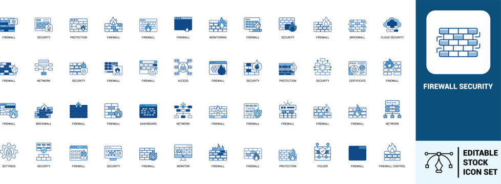 Firewall security line art icons set firewall, security, protection, network, cloud security, monitoring, access, certificate, dashboard, Web icon, App icon, Outline icon, Editable stroke, line art