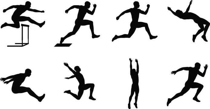 Flat Color Track and Field Athlete Jump Icon Collection with Sports Silhouette Symbols for Graphic Design Projects
