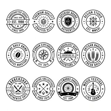 Collection of Vintage Circular Badges and Retro Logo Emblems for Coffee Shop, Adventure Gear, Barber Shop, and Craft Brewery Branding Designs