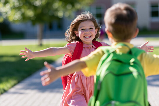 Young girl joyfully embraces her friend on a sunny day after school Generative AI