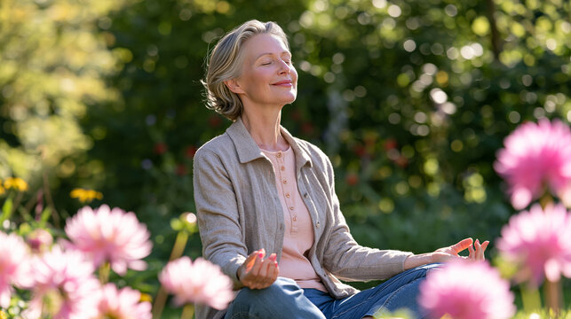Middle aged woman finds peace while meditating in a vibrant garden filled with blooming flowers Generative AI