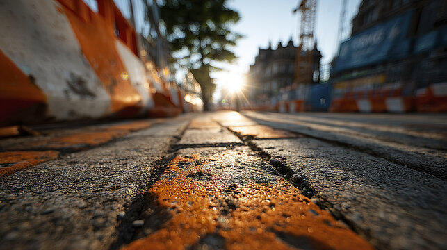 Close up of pavement edge with construction barrier and sunlight creating warm glow