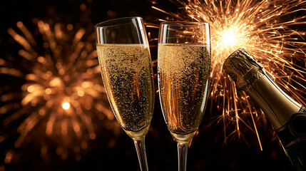 Fototapeta premium Celebrate the New Year with sparkling joy, bright fireworks, and glasses clinking in delight Generative AI