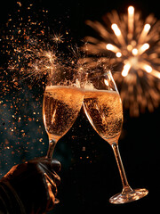 Fototapeta premium Celebrate the arrival of the new year with sparkling glasses and joyous fireworks lighting up the night Generative AI