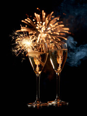 Fototapeta premium Cheers to the new year with sparkling glasses and dazzling fireworks lighting the night sky Generative AI