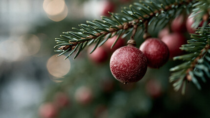 Fototapeta premium Festive chaos of red ornaments glistening on evergreen branches in holiday joy Generative AI