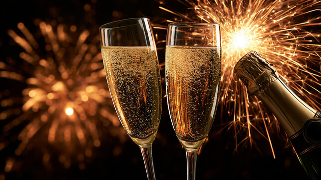 Celebrate the New Year with sparkling joy, bright fireworks, and glasses clinking in delight Generative AI
