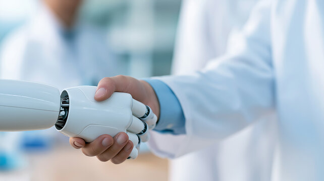Doctor and humanoid robot share a moment of connection in innovative healthcare Generative AI
