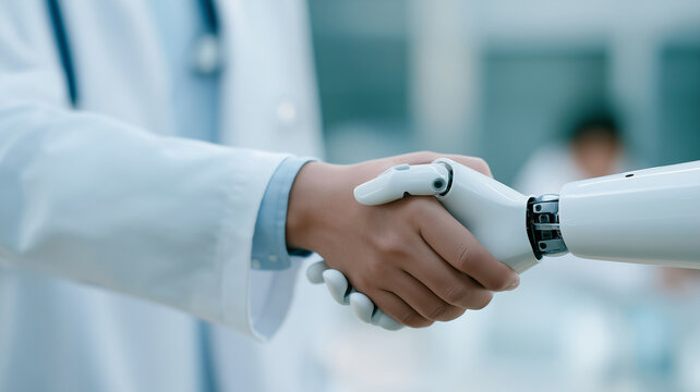 Doctor and humanoid robot share a meaningful handshake in a modern medical facility Generative AI