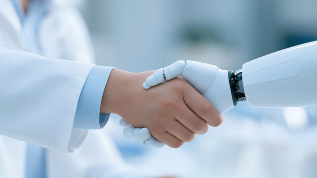 Doctor and humanoid robot shake hands in a hospital setting, showcasing an impressive partnership Generative AI