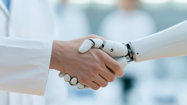 Doctor and humanoid robot share a moment of understanding during a health technology demonstration Generative AI