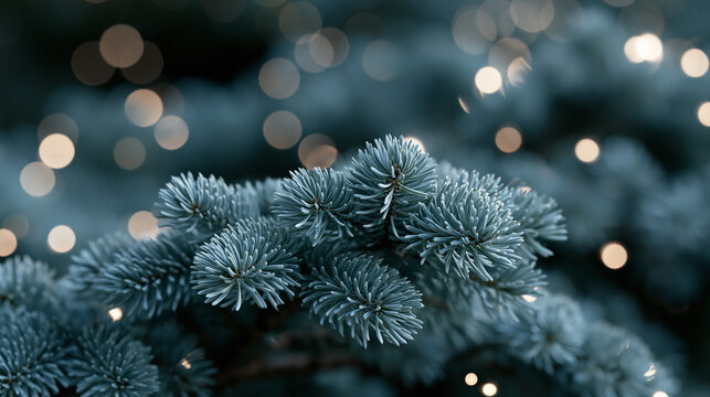 Winter wonderland featuring frosty evergreen branches and shimmering holiday lights Generative AI
