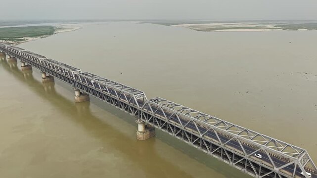 Aerial drone view of Digha-Sonpur JP Setu, also known as Loknayak Jayaprakash Setu, spanning the Ganges River and connecting Patna with Sonpur in Bihar, India.