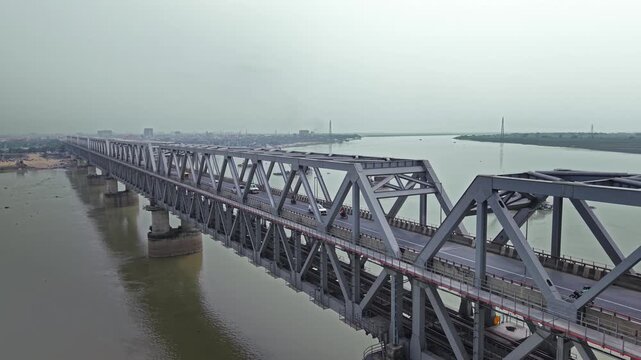 Aerial drone view of Digha-Sonpur JP Setu, also known as Loknayak Jayaprakash Setu, spanning the Ganges River and connecting Patna with Sonpur in Bihar, India.