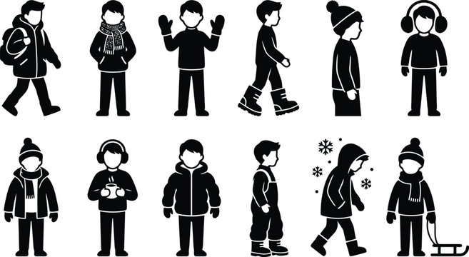 Set of black silhouettes depicting children dressed in winter clothing, wearing scarves, hats, and coats, playing in the snow on white background