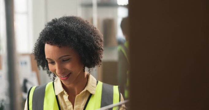 Woman, box and stock in warehouse for inventory details, online order and small business. Mature person, package and smile with inspection for supply chain, quality control and courier distribution