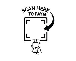 Naklejka na ściany i meble Scan here to pay, black white QR code payment, line art