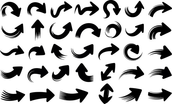 Dashed curved arrow icon set. Directional pointers, flow symbols, hand drawn brush stroke arrows, dotted line paths, curved movement arrows, doodle swirl pointers and arch design elements, eps.