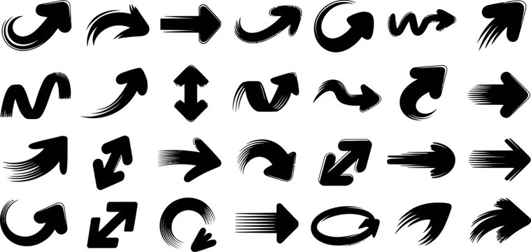 Dashed curved arrow icon set. Directional pointers, flow symbols, hand drawn brush stroke arrows, dotted line paths, curved movement arrows, doodle swirl pointers and arch design elements, eps.