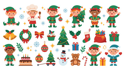 Fototapeta premium Christmas elf collection with holiday icons and stars.