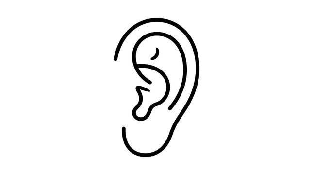 Minimalist black and white outline drawing of a human ear. Simple vector graphic illustration representing hearing, listening, sound, and anatomy concepts.