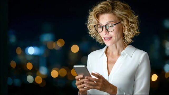 Woman uses smartphone while smiling at night with city lights in background