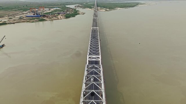 Aerial drone view of Digha-Sonpur JP Setu, also known as Loknayak Jayaprakash Setu, spanning the Ganges River and connecting Patna with Sonpur in Bihar, India.