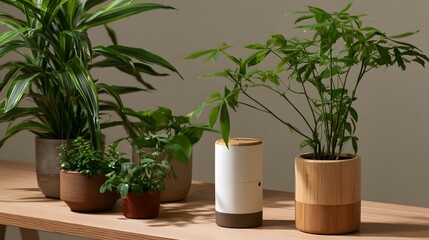 Fototapeta premium Several potted green plants arranged on a wooden surface with natural lighting and minimalist decor
