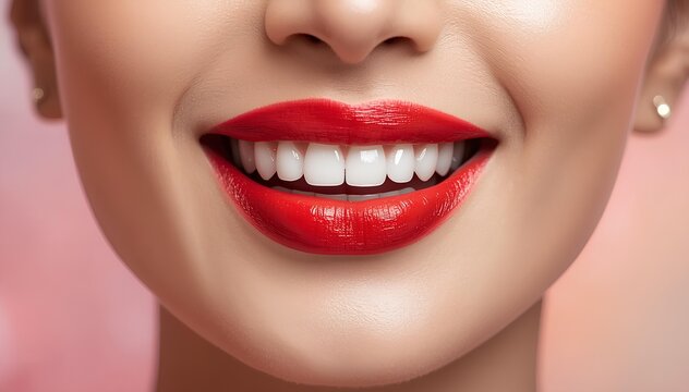 Close-up of a smiling woman with perfect white teeth and bright red lipstick