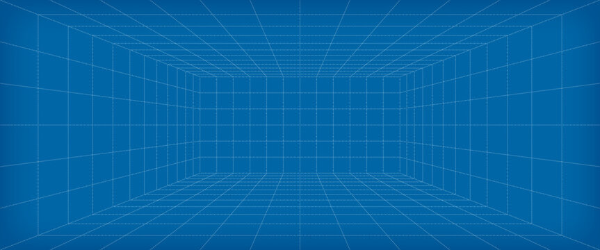 Grid box perspective 3d perspective digital background in blueprint style. Cyberspace wireframe laser mesh virtual reality metaverse abstract. VR game bg. Vector illustration
