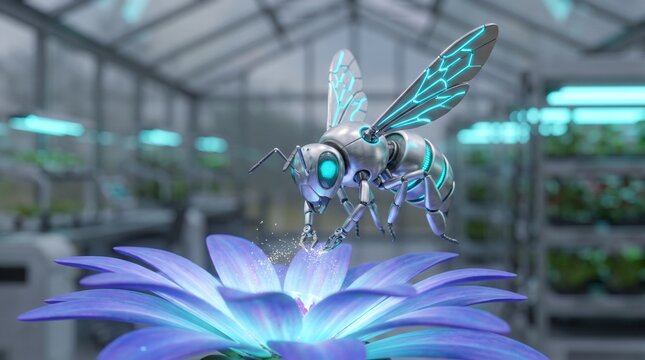 Cybernetic bee pollinating a glowing flower in a futuristic greenhouse