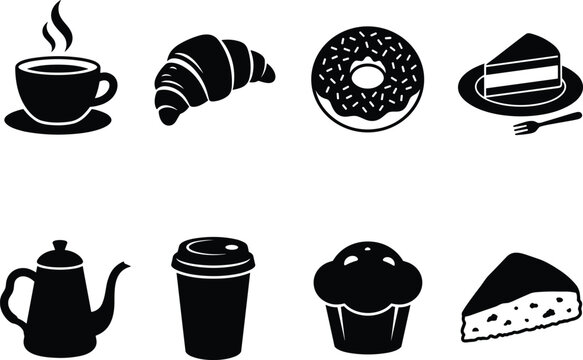 Collection of cafe and bakery silhouette icons featuring coffee pastries and cakes for menu design