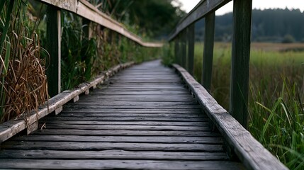 Fototapeta premium A weathered wooden boardwalk winds through tall grasses and reeds in a serene wetland landscape under soft natural light