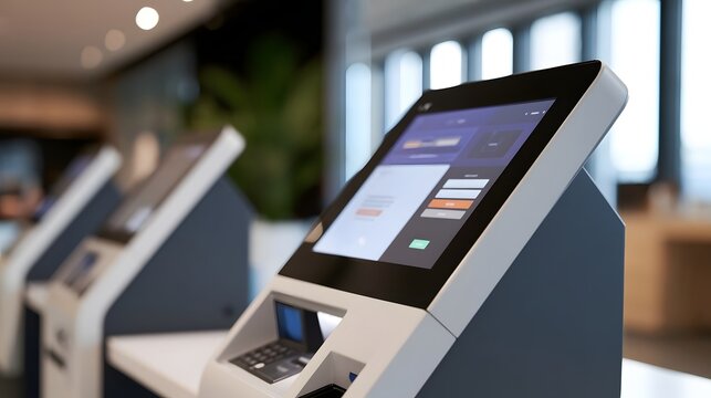Modern self service kiosk with touchscreen interface and card reader in a well lit indoor setting
