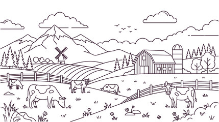 Fototapeta premium Farm life coloring page with barn and grazing cattle.