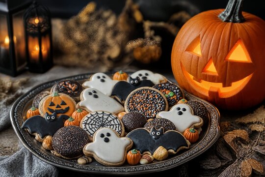 Halloween: biscotti e dolci di Halloween con zucca illuminata