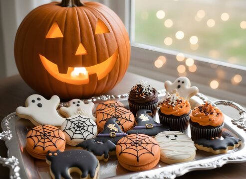 Halloween: biscotti e dolci di Halloween con zucca illuminata