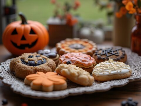 Halloween: biscotti e dolci di Halloween con zucca illuminata