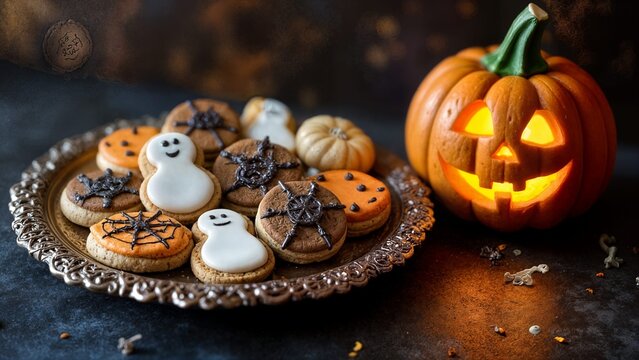 Halloween: biscotti e dolci di Halloween con zucca illuminata