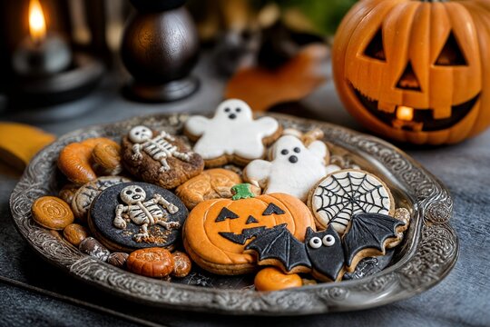 Halloween: biscotti e dolci di Halloween con zucca illuminata