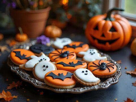 Halloween: biscotti e dolci di Halloween con zucca illuminata