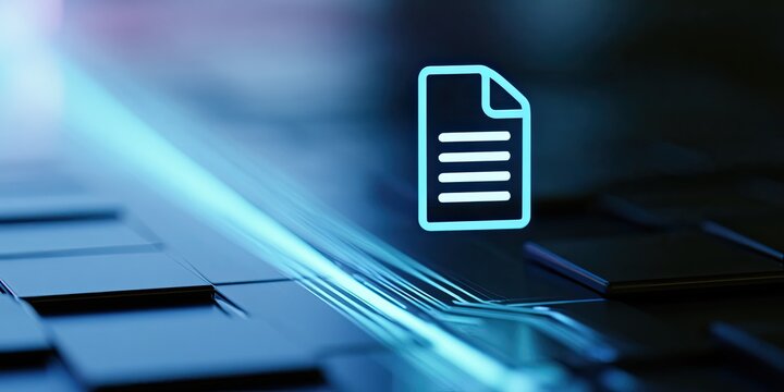 Glowing digital document icon on futuristic data stream background