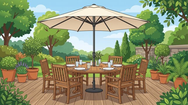 Outdoor patio dining table with umbrella in a lush garden
