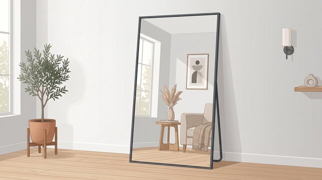 Modern living room with large floor mirror and potted plant
