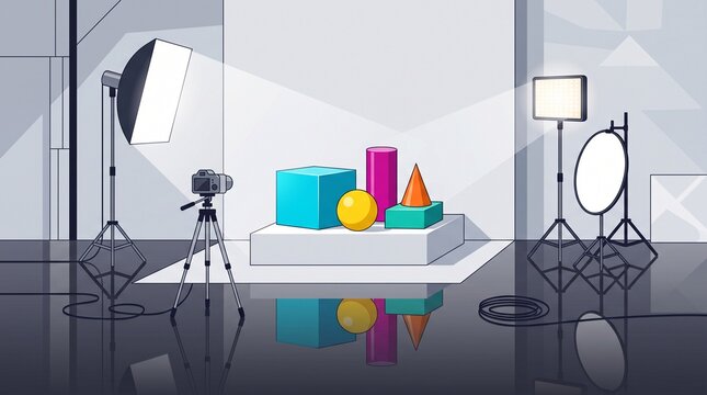 professional product photography studio setup with geometric shapes