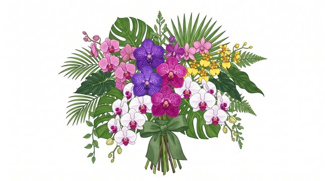 Tropical orchid flower bouquet with green leaves and ribbon
