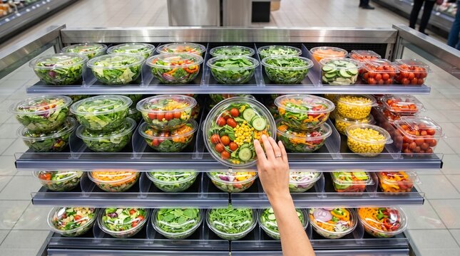 Fresh prepackaged salad bowls on supermarket shelf, customer hand reaching for healthy garden salad, retail grocery store display