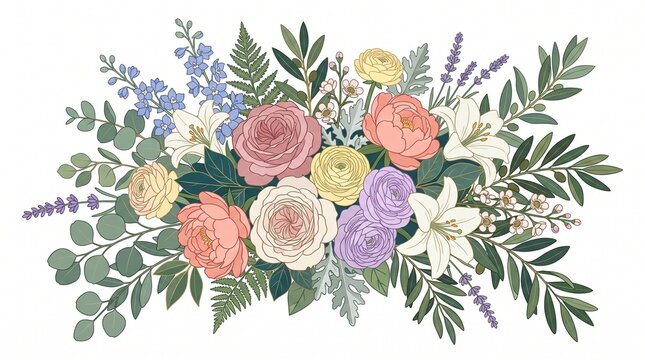 Decorative floral arrangement with pastel roses and lilies