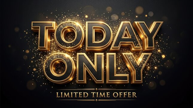 Stylish golden text announcing today only limited time offer with sparkling background with evoking urgency exclusivity secondary line with radiant glittery backdrop