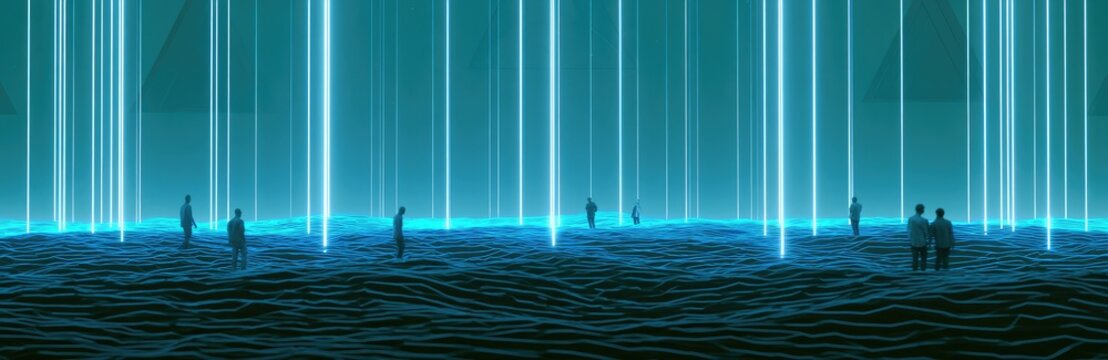 Figures amidst glowing blue pillars and abstract geometric shapes in a digital landscape